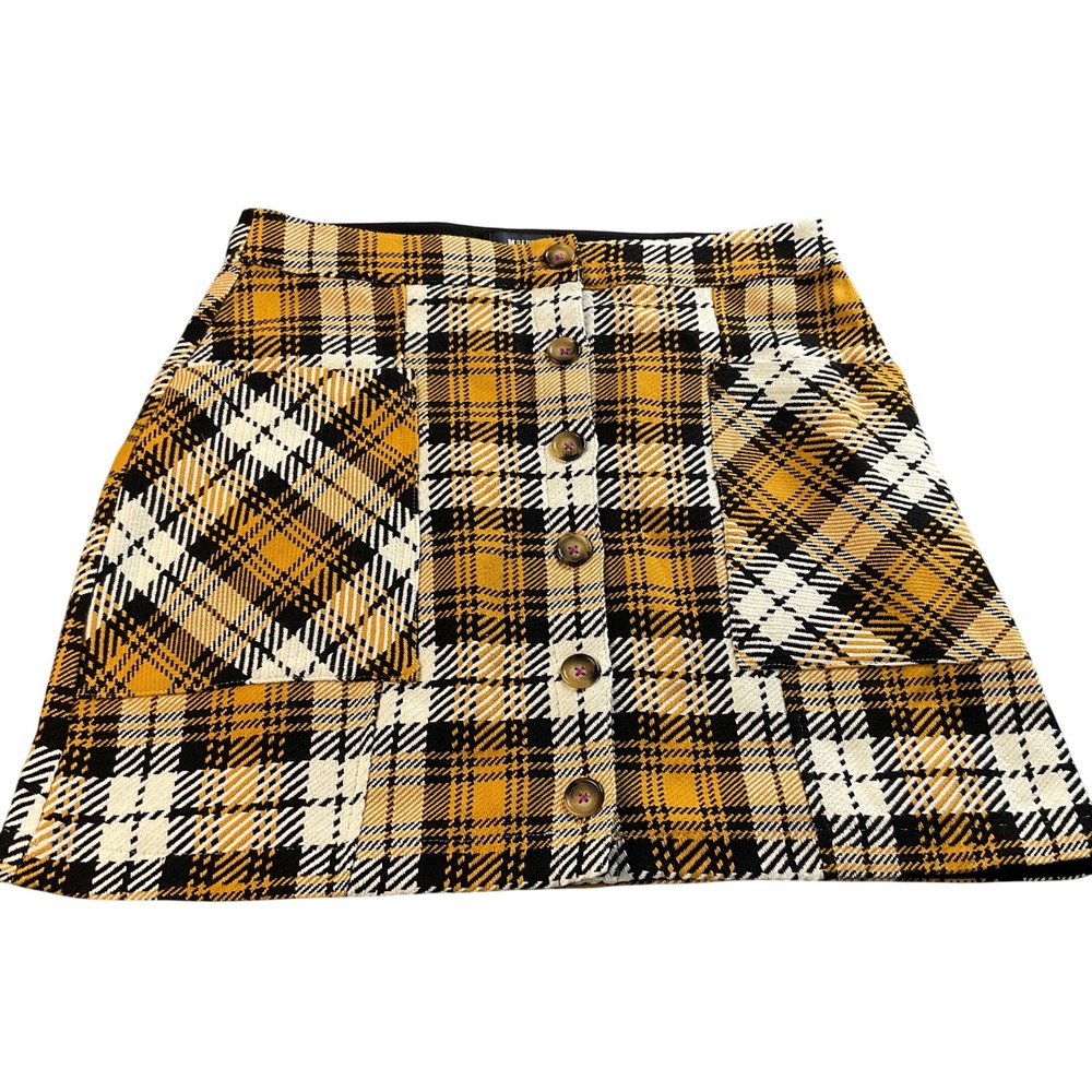 Maeve Anthropologie Mustard Yellow Plaid Button Front Mini Skirt Womens 14